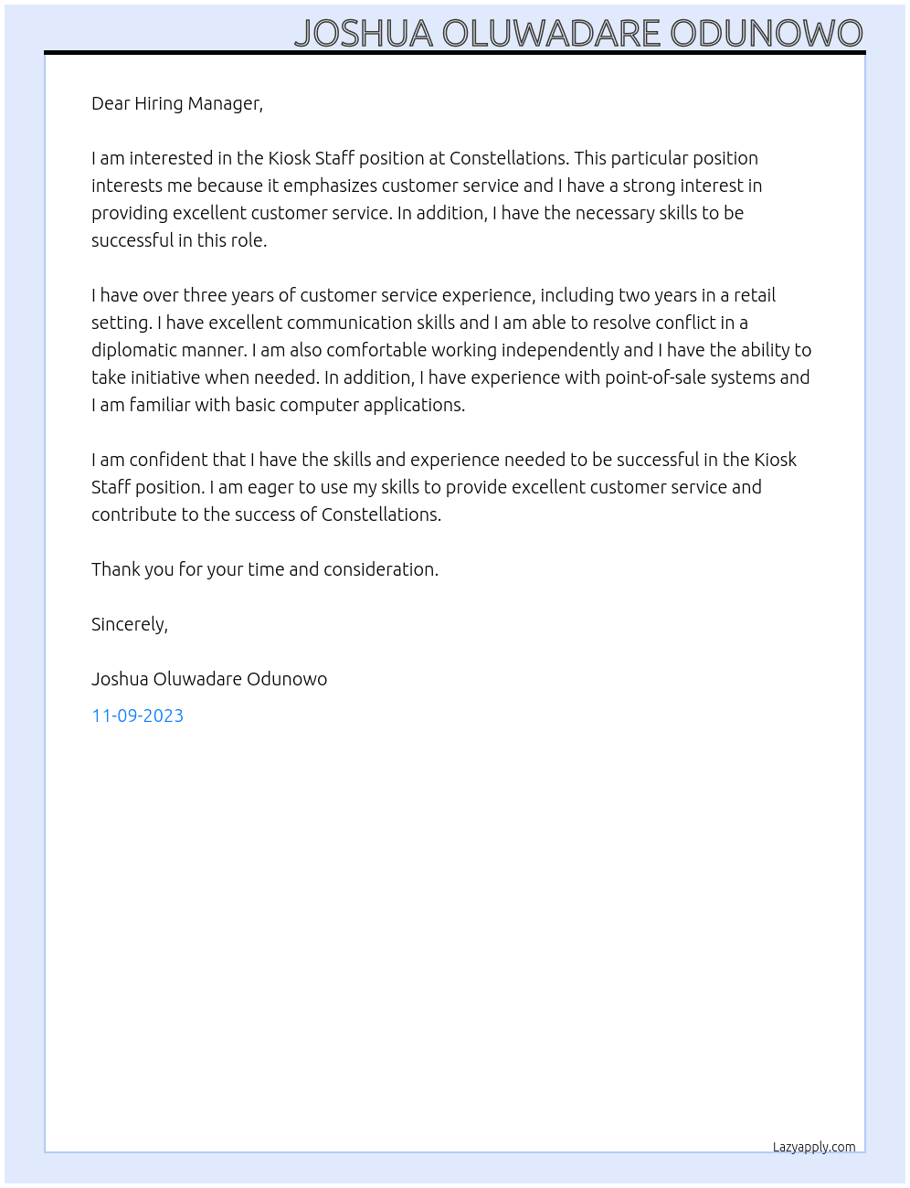 Kiosk Staff At Constellations Cover Letter