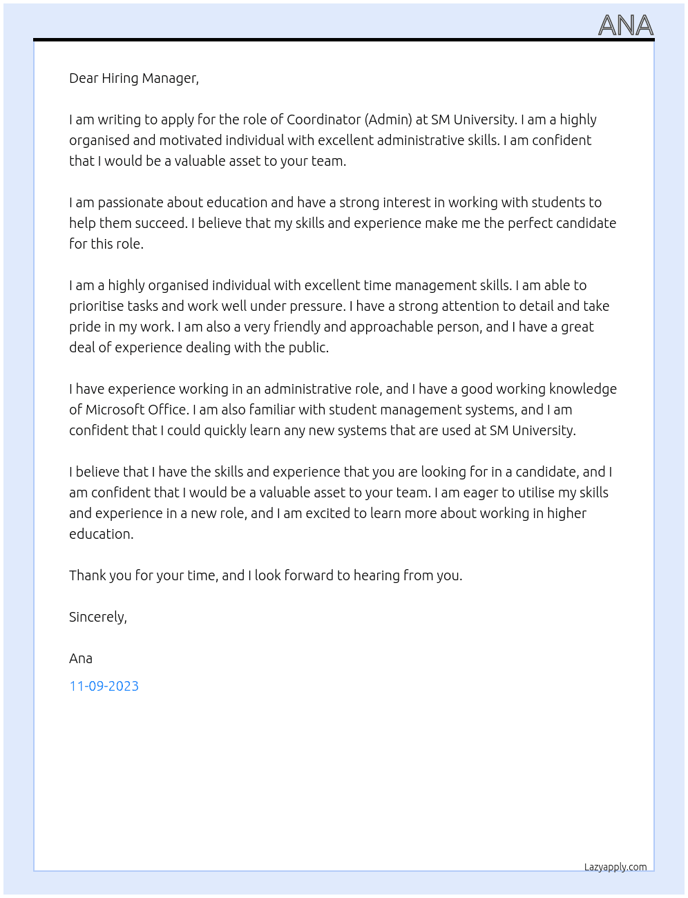 Coordinator (Admin) At SM University Cover Letter