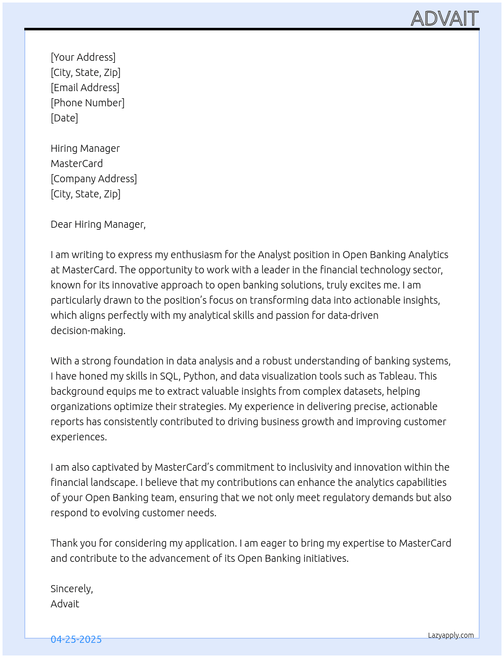 Analyst, Open Banking Analytics At MasterCard Cover Letter