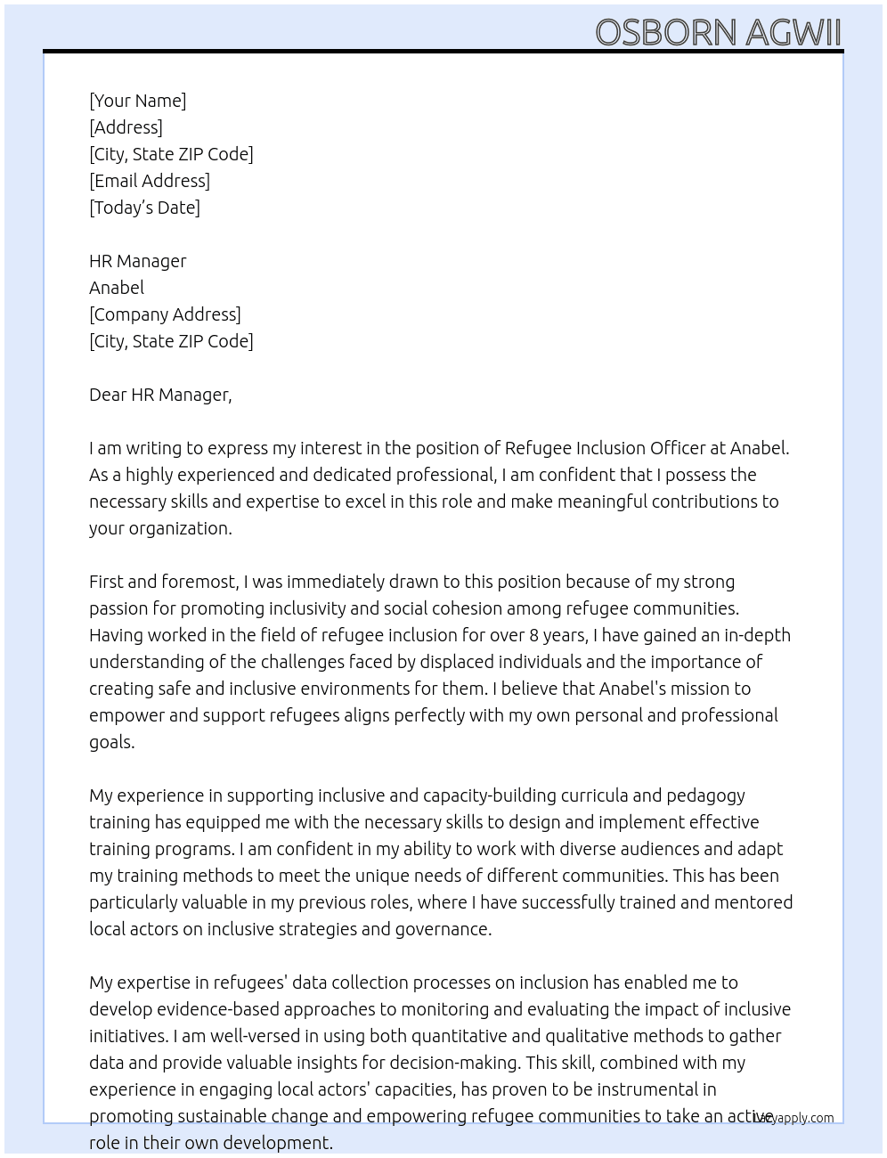 – Refugee Inclusion Officer  At Anabel Cover Letter