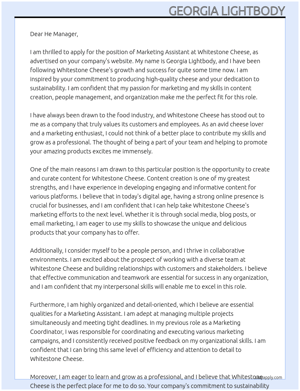 Marketing Assistant  At Whitestone Cheese Cover Letter
