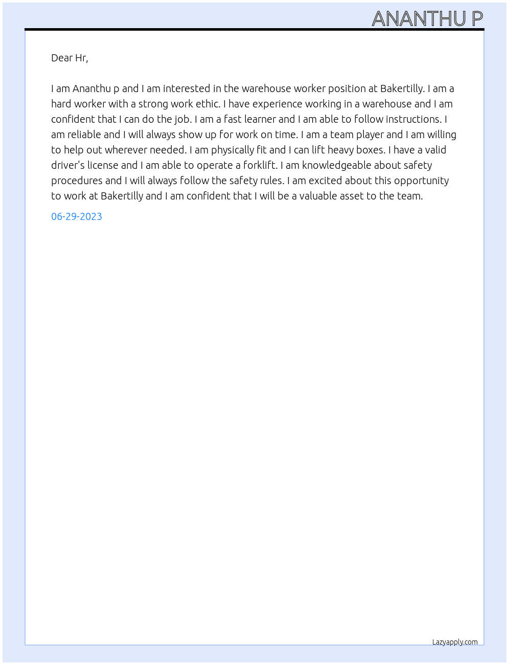 Wearhouse worker At Bakertilly Cover Letter