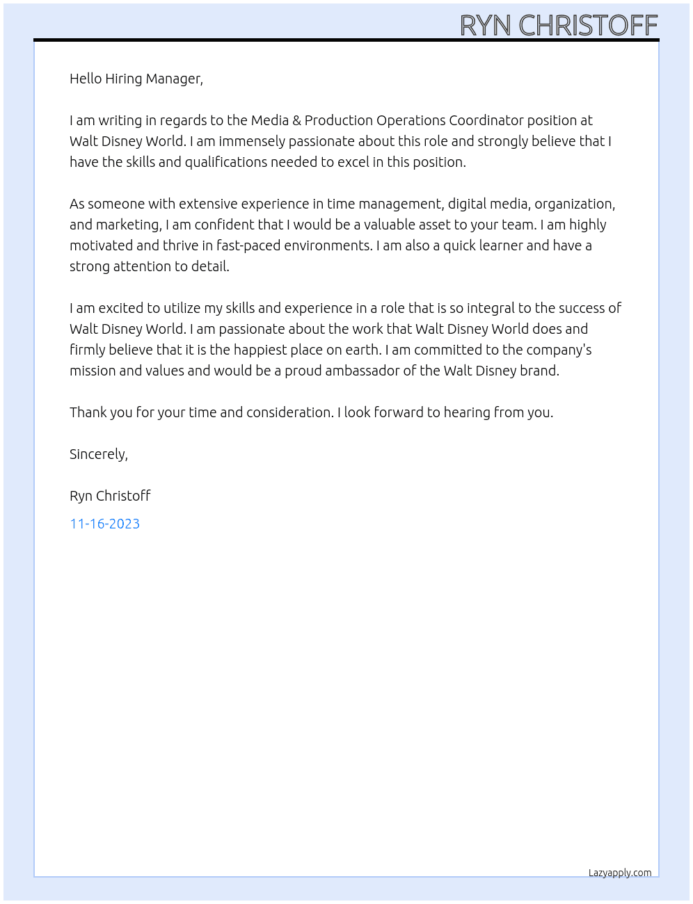 Media & Production Operations Coordinator At Walt Disney World Cover Letter
