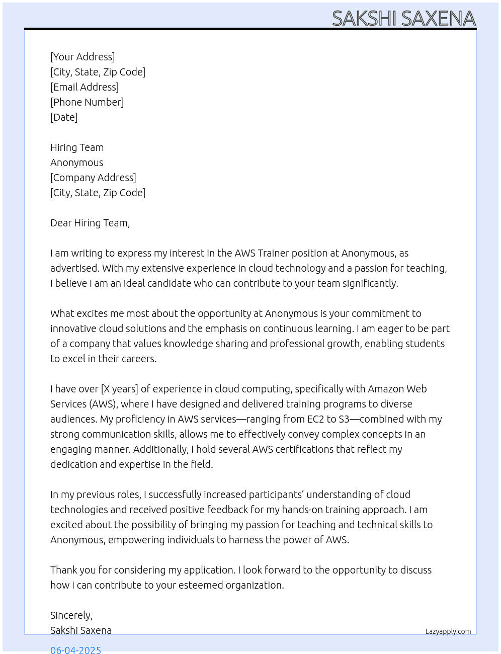 Cover letter for aws trainer - LazyApply