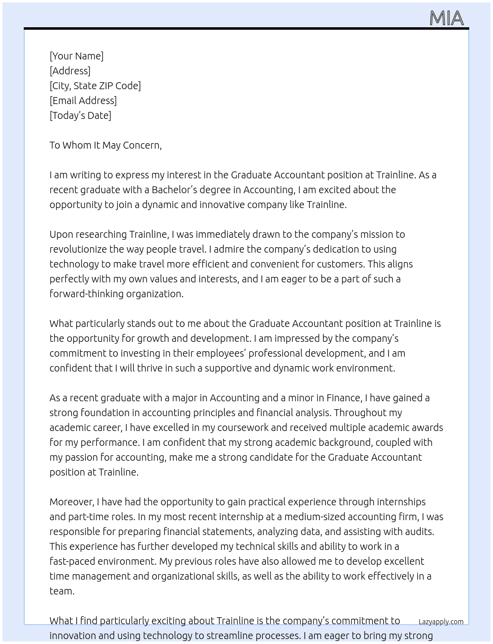 Graduate Accountant At Trainline Cover Letter