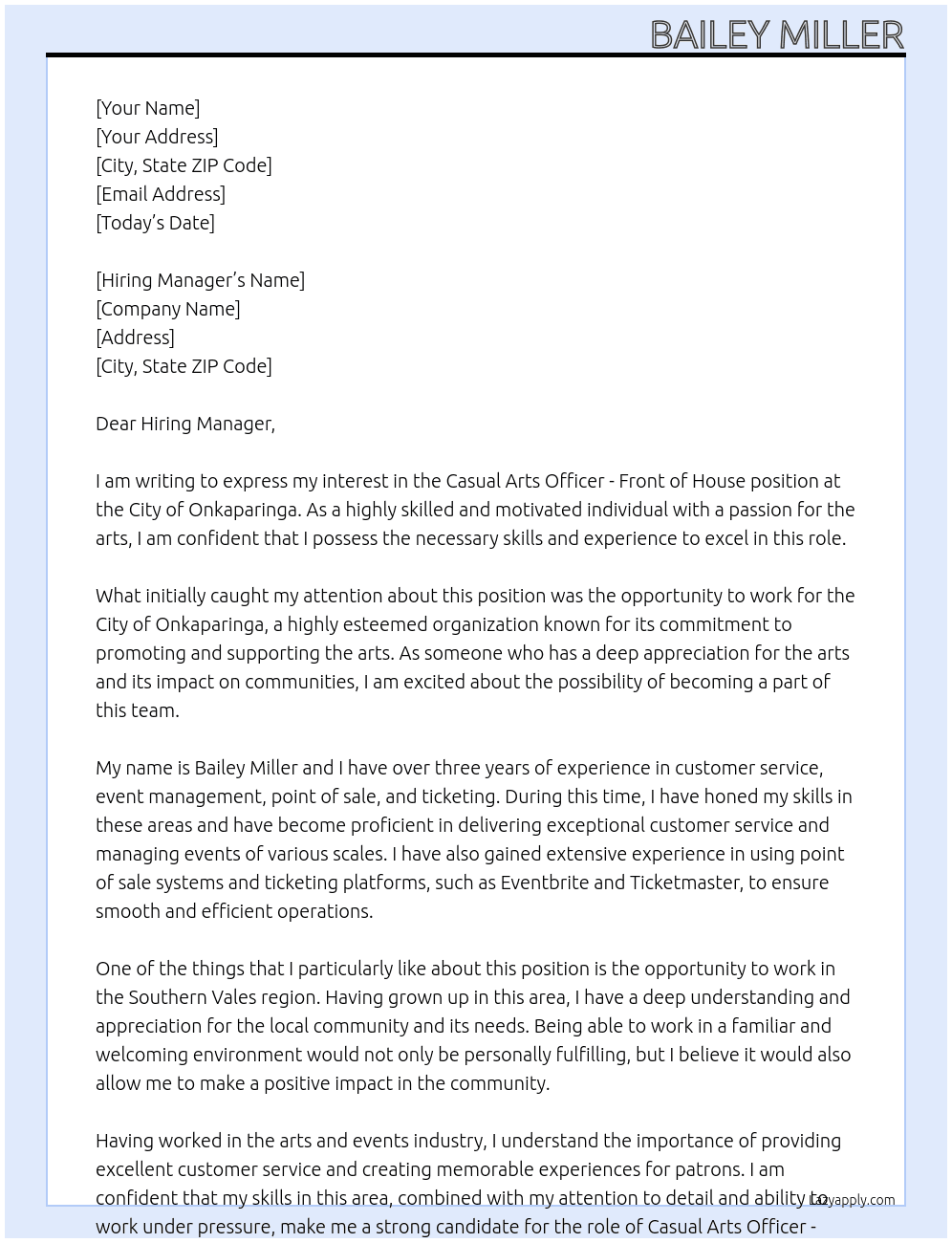 Casual Arts Officer - Front of House At City of Onkaparinga Cover Letter