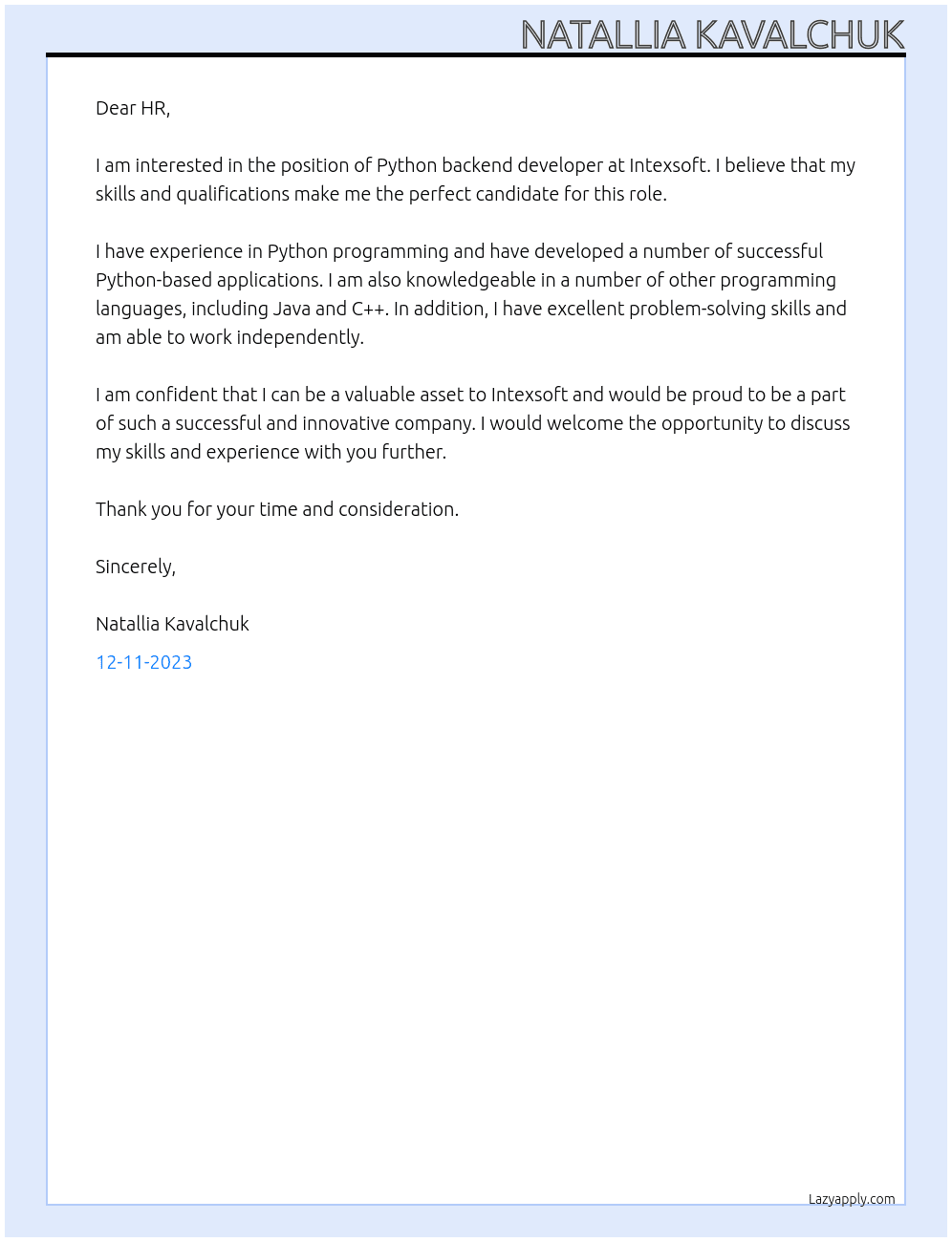 Python backend developer At Intexsoft Cover Letter