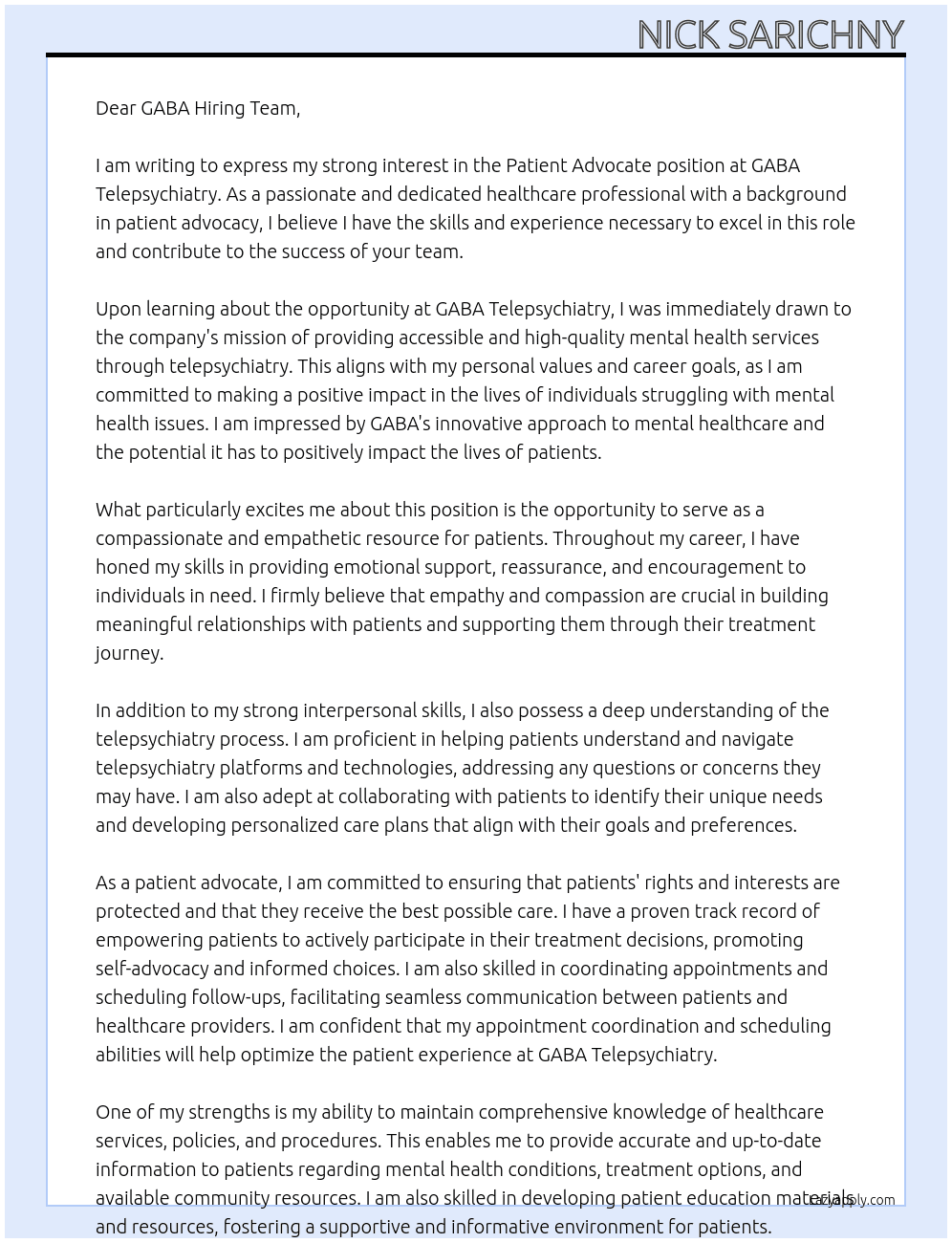 Patient Advocate At GABA Telepsychiatry Cover Letter