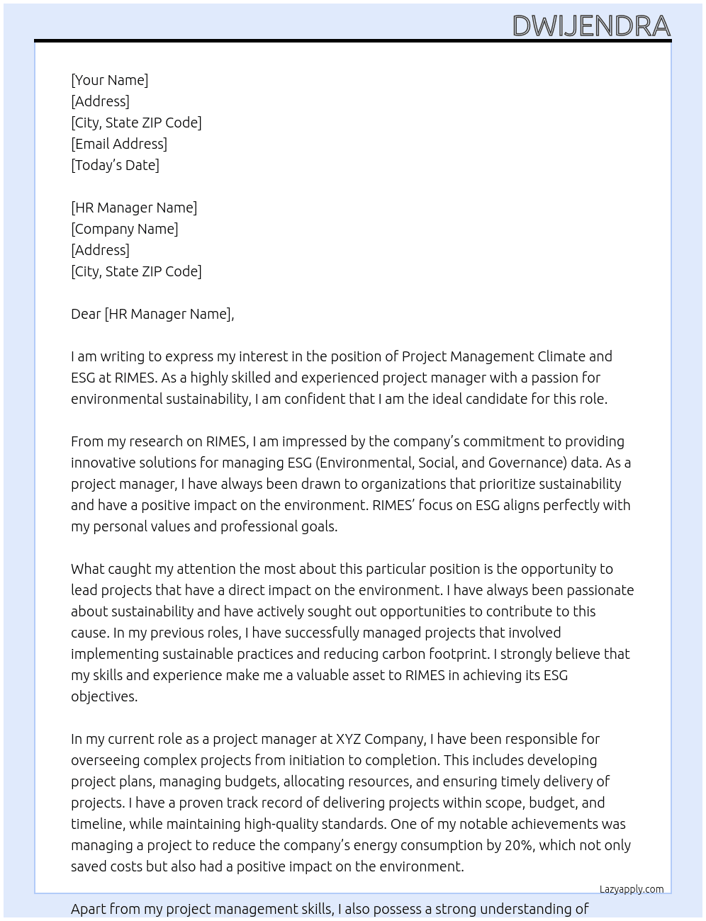 Project Management Climate and ESG At RIMES Cover Letter