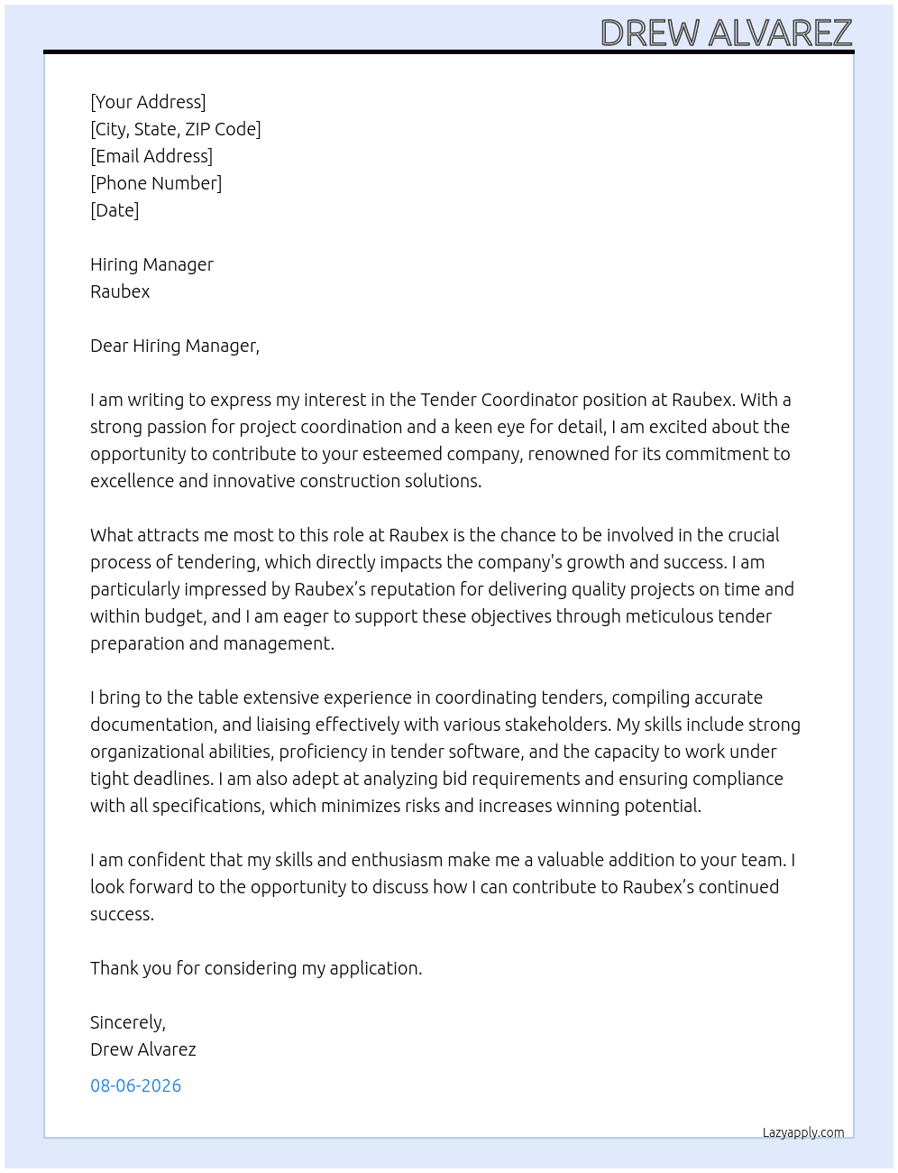Cover letter for tender coordinator - LazyApply