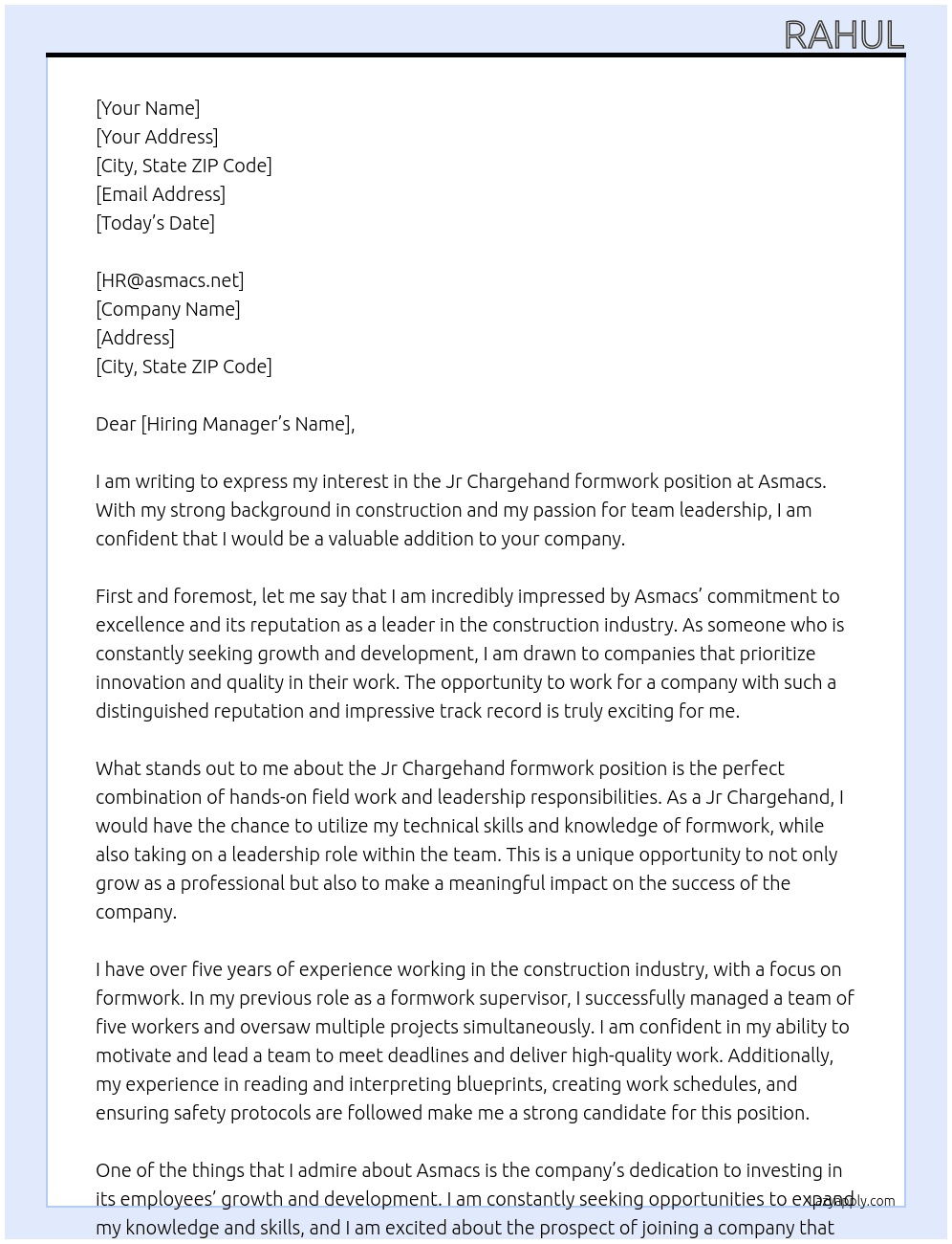 Jr Chargehand formwork  At Asmacs  Cover Letter