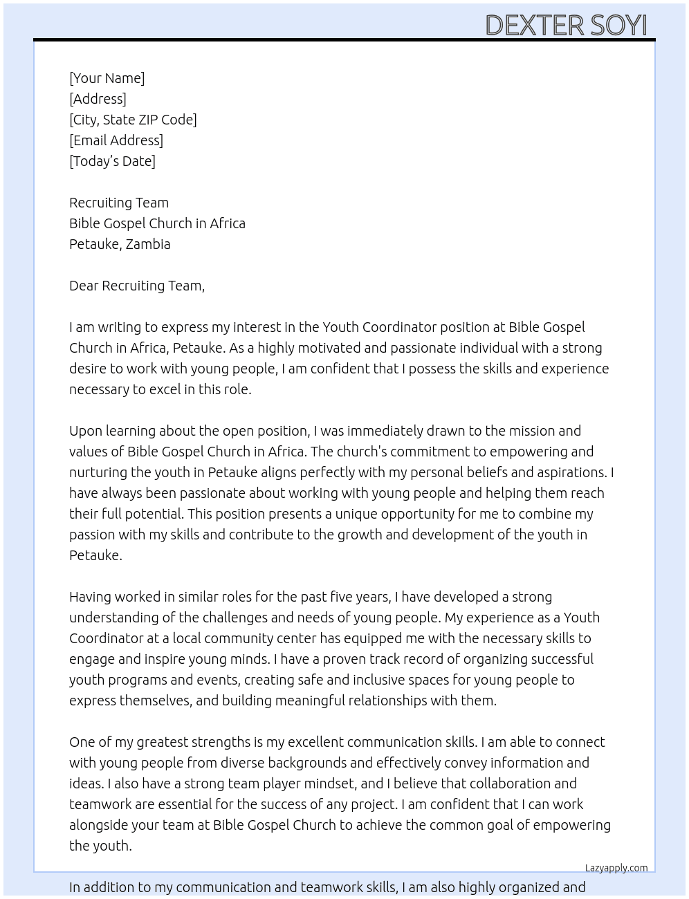 Youth coordinator  At Bible gospel church in Africa, petauke  Cover Letter