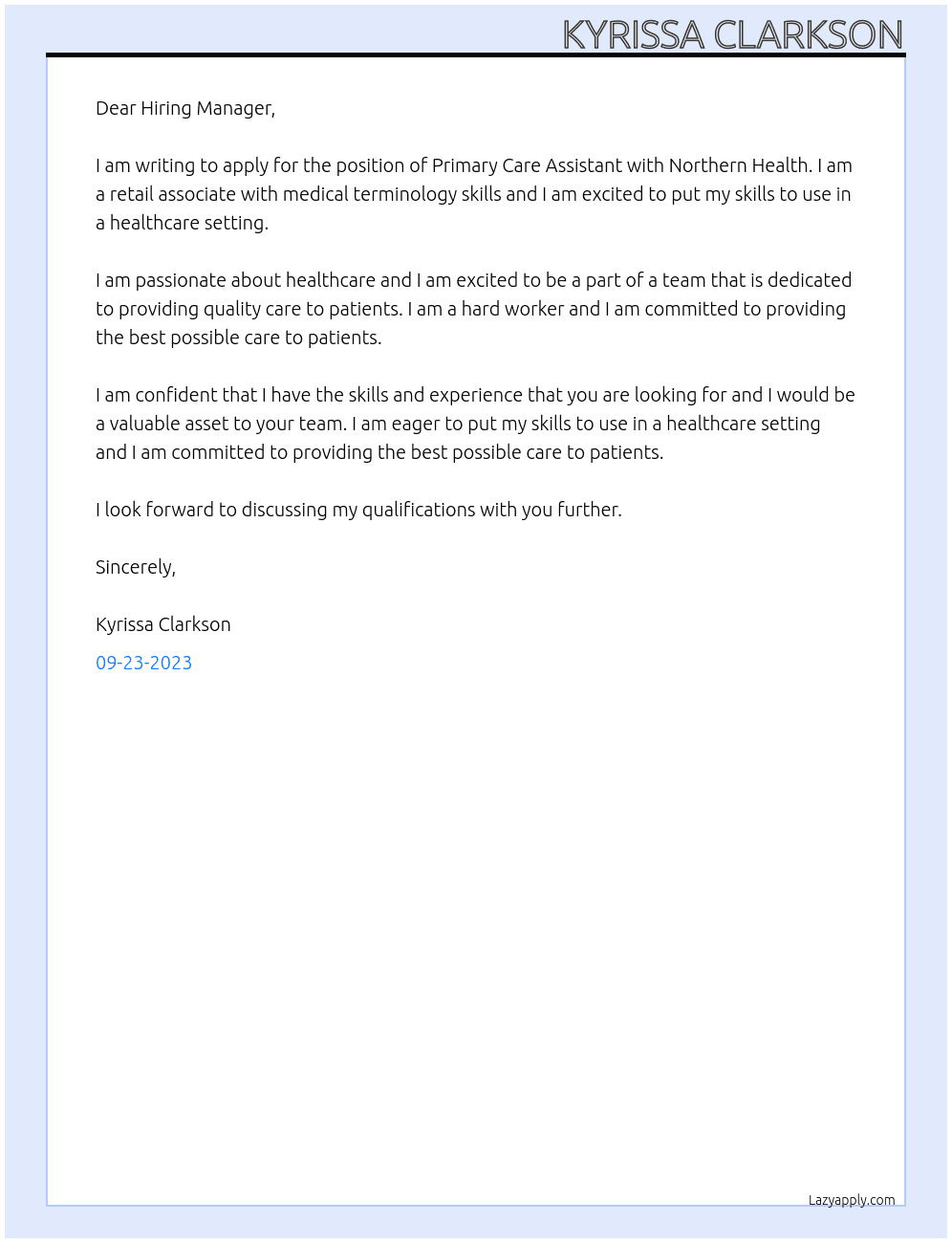 Primary care assistant At Northern health Cover Letter