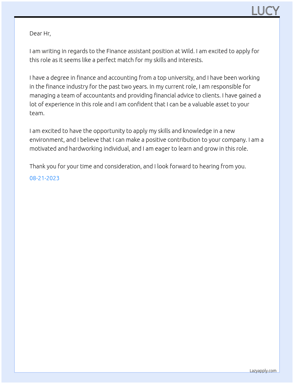 Finance assistant At Wild Cover Letter