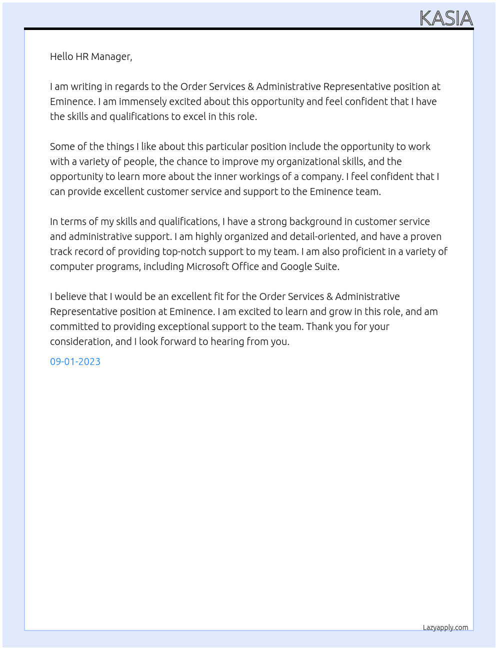 Order Services & Administrative Representative At Eminence Cover Letter