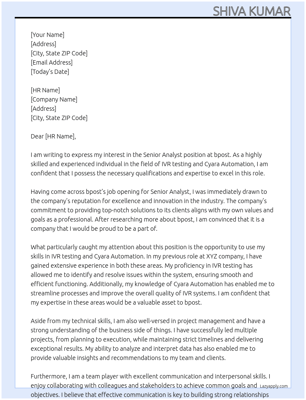 Senior Analyst At bpost Cover Letter