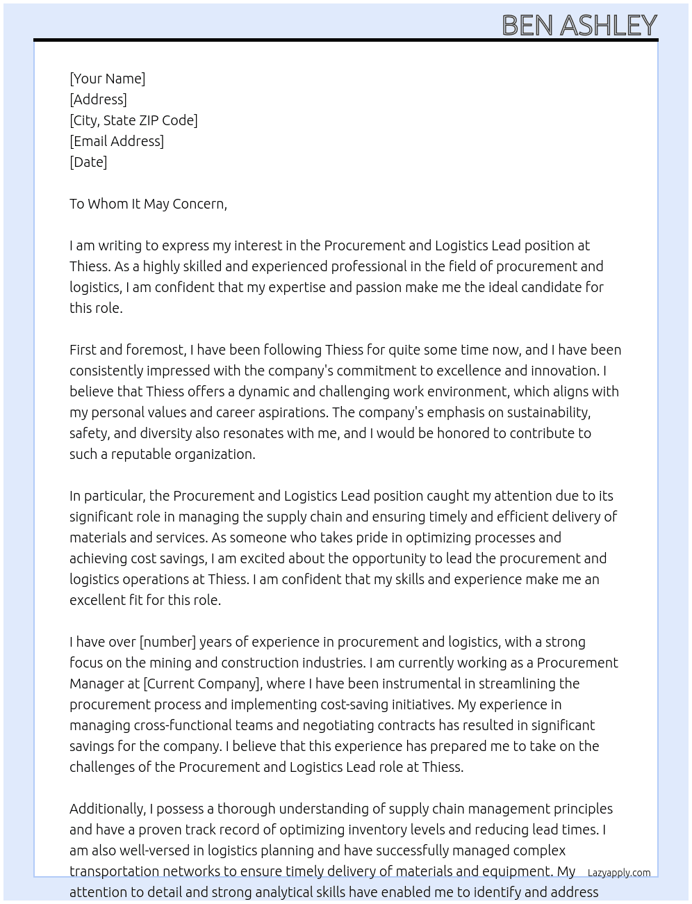 Procurement and Logistics Lead At Thiess Cover Letter