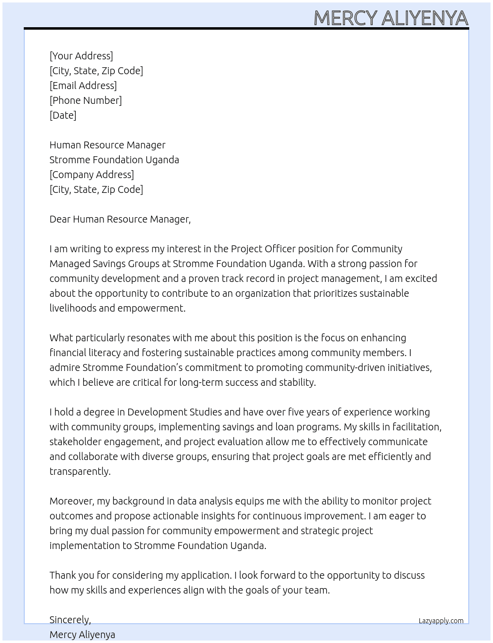 project officer community managed savings group At stromme foundation uganda Cover Letter