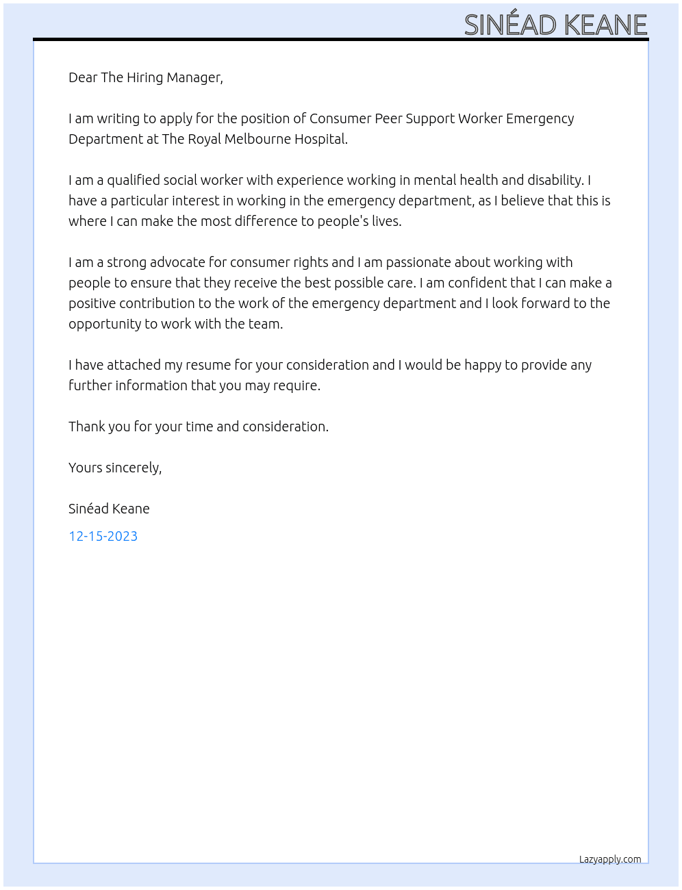 Consumer Peer Support Worker Emergency Department At The Royal Melbourne Hospital  Cover Letter