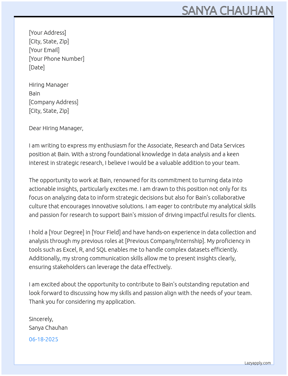 Associate, Research and Data Services At Bain Cover Letter