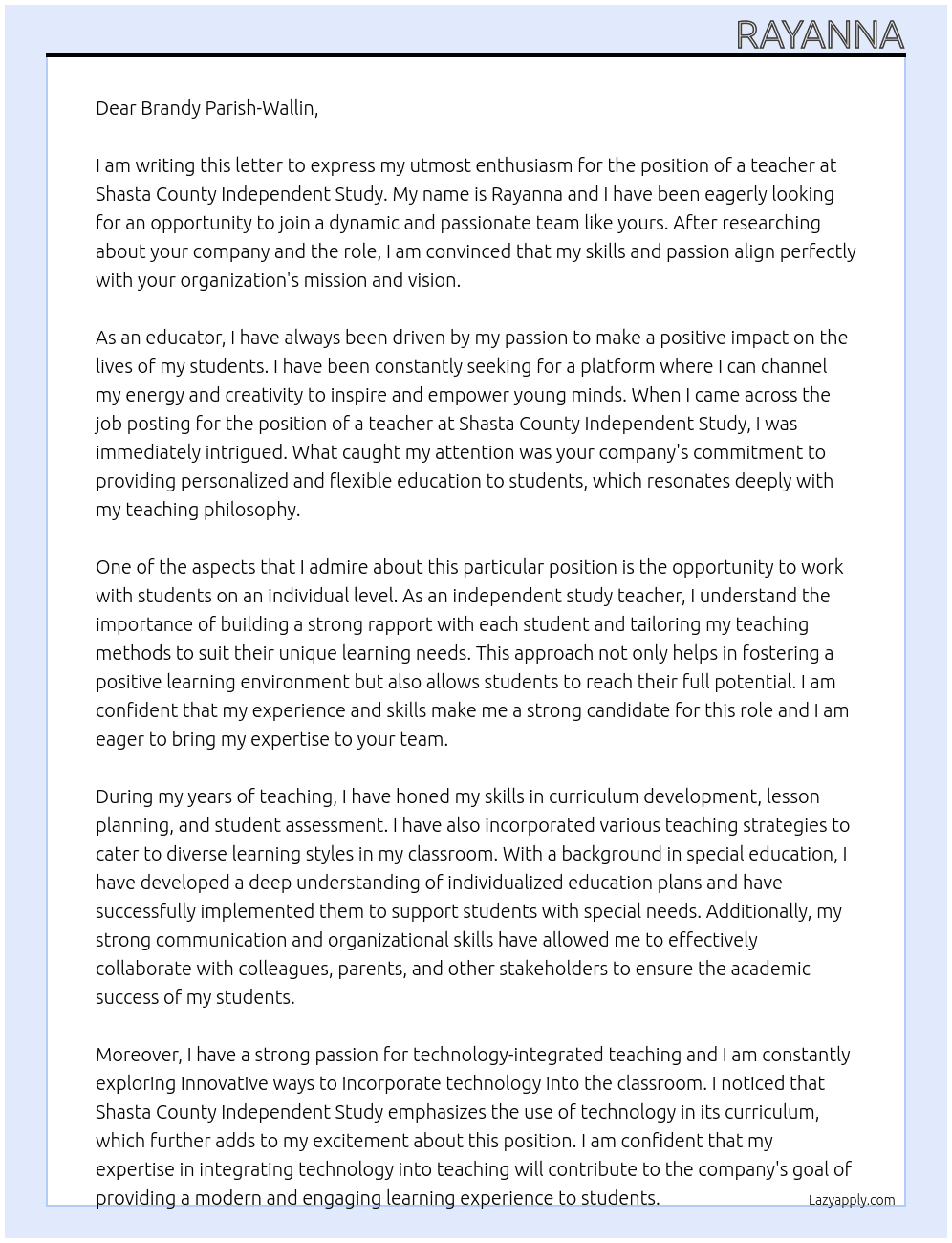teacher At Shasta County Independent Study Cover Letter