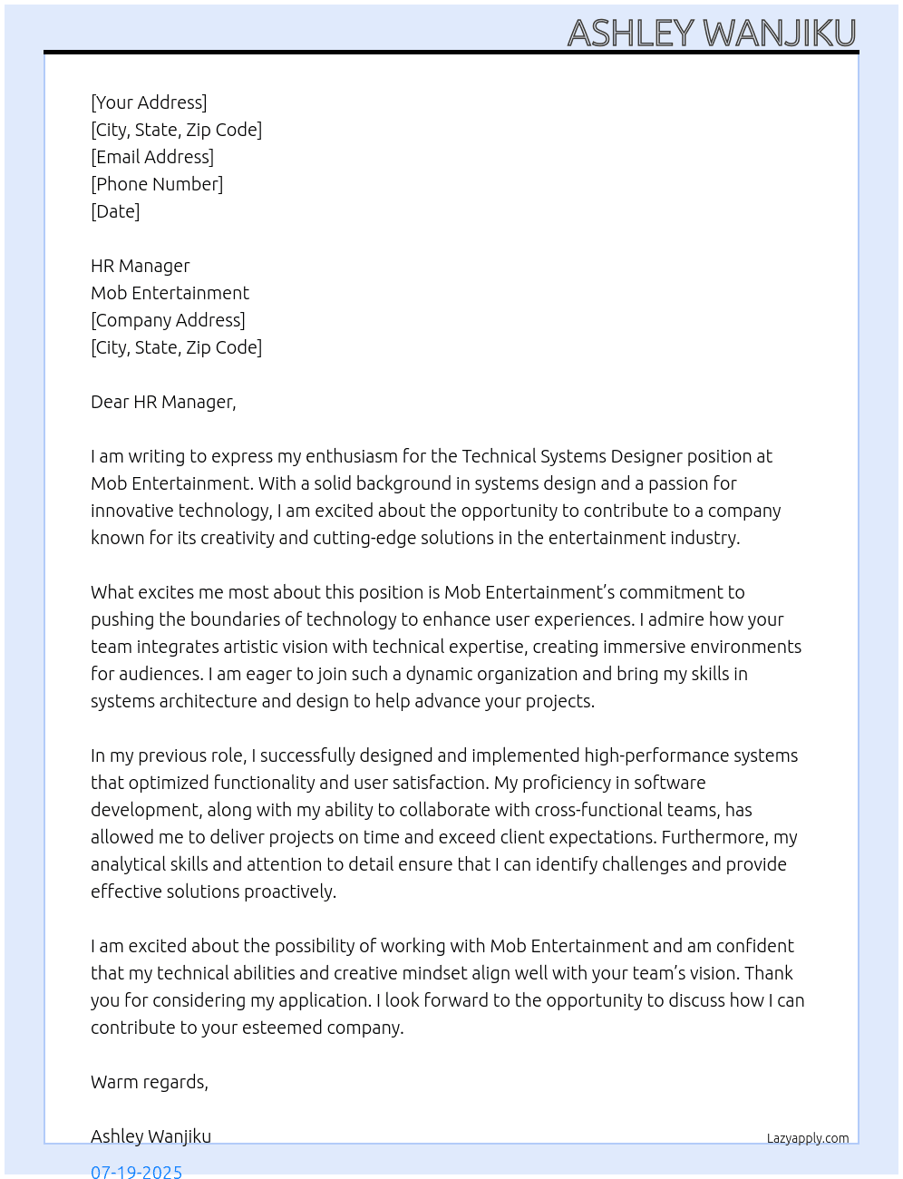 Cover letter for technical systems designer - LazyApply