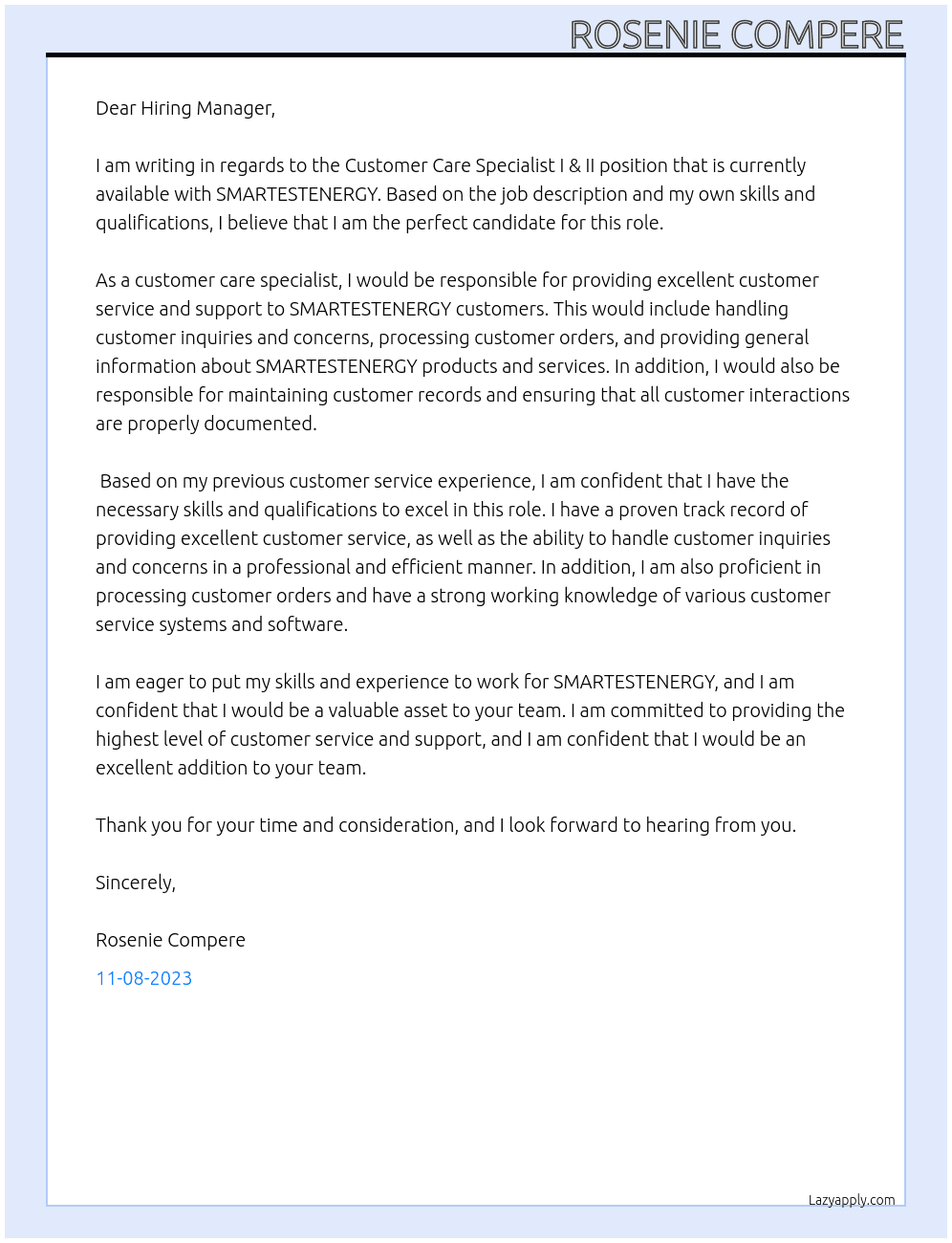 Customer Care Specialist I & II  At SMARTESTENERGY Cover Letter