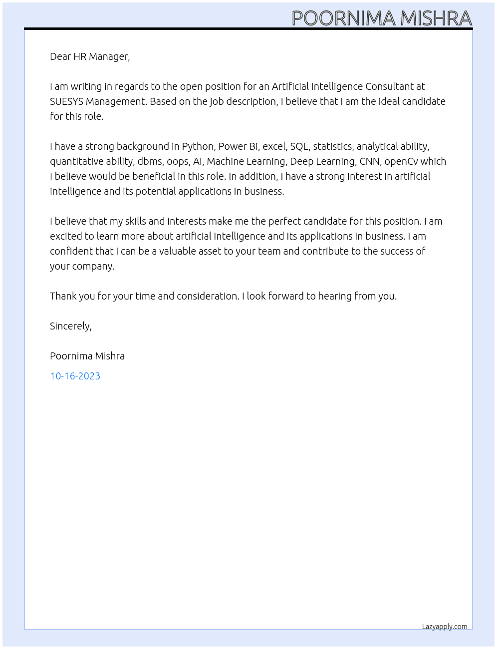 Artificial Intelligence Consultant  At SUESYS Management Cover Letter