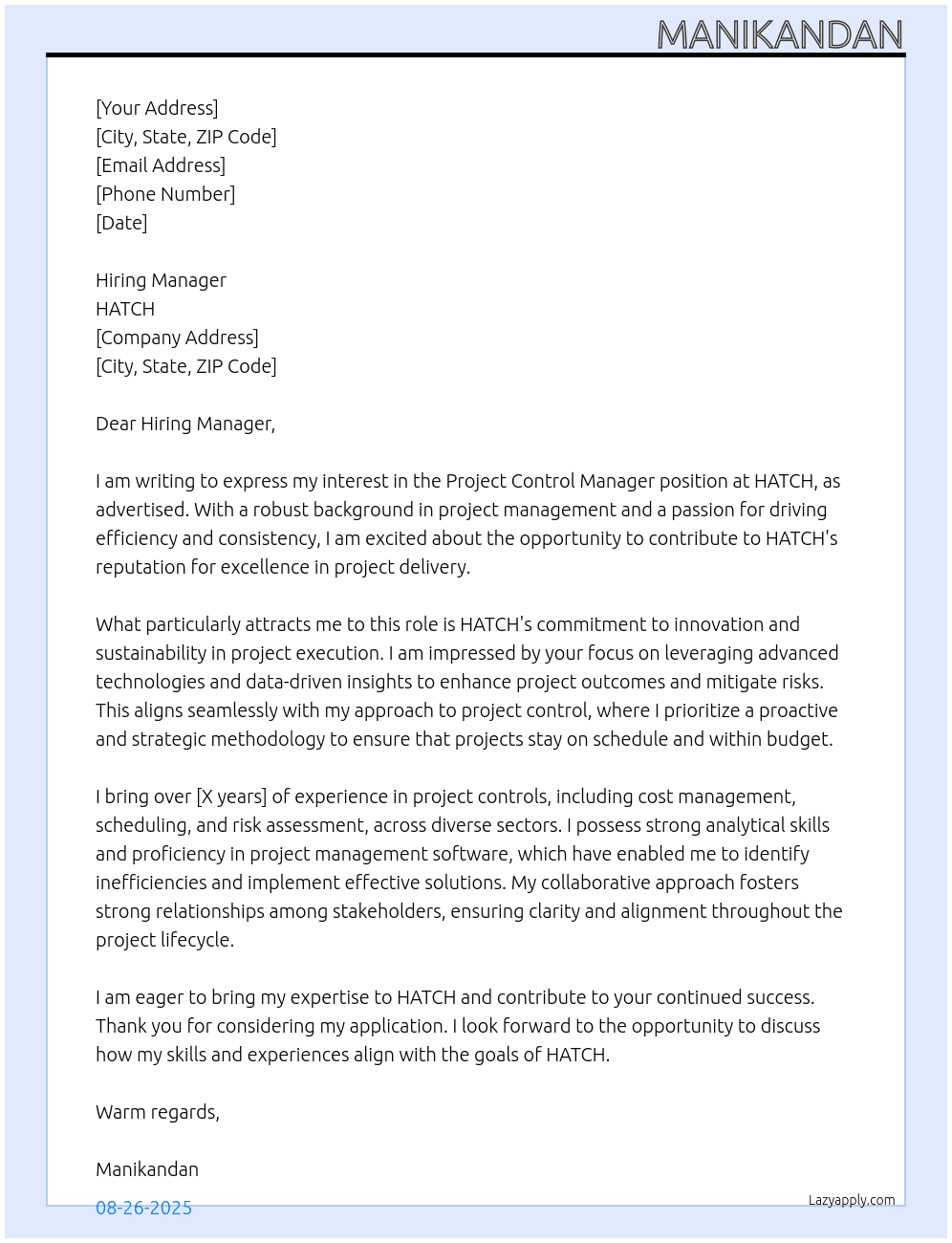 Project  Control Manager At HATCH Cover Letter