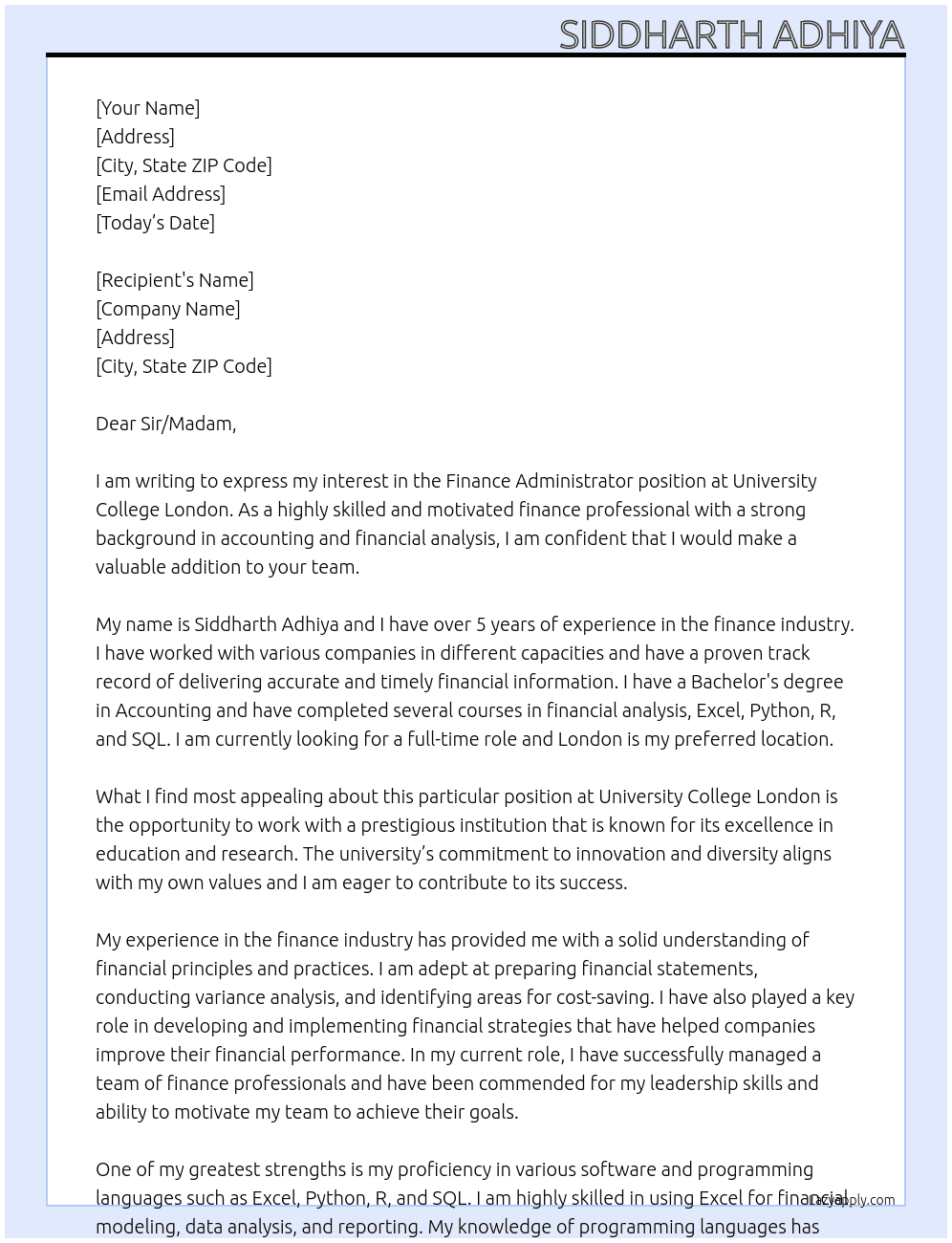 Finance Adminstrator At University College London Cover Letter