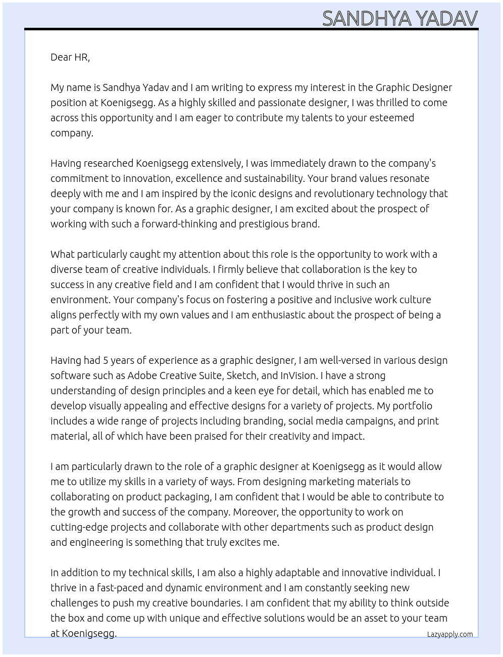graphic designer At koenigsegg Cover Letter