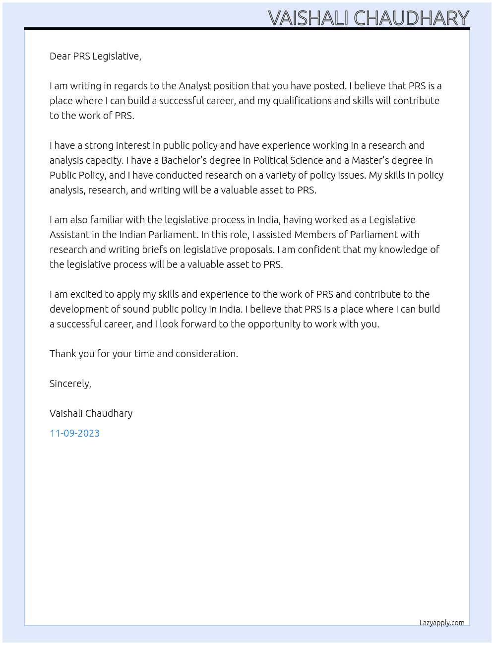 Analyst At PRS Legislative Cover Letter