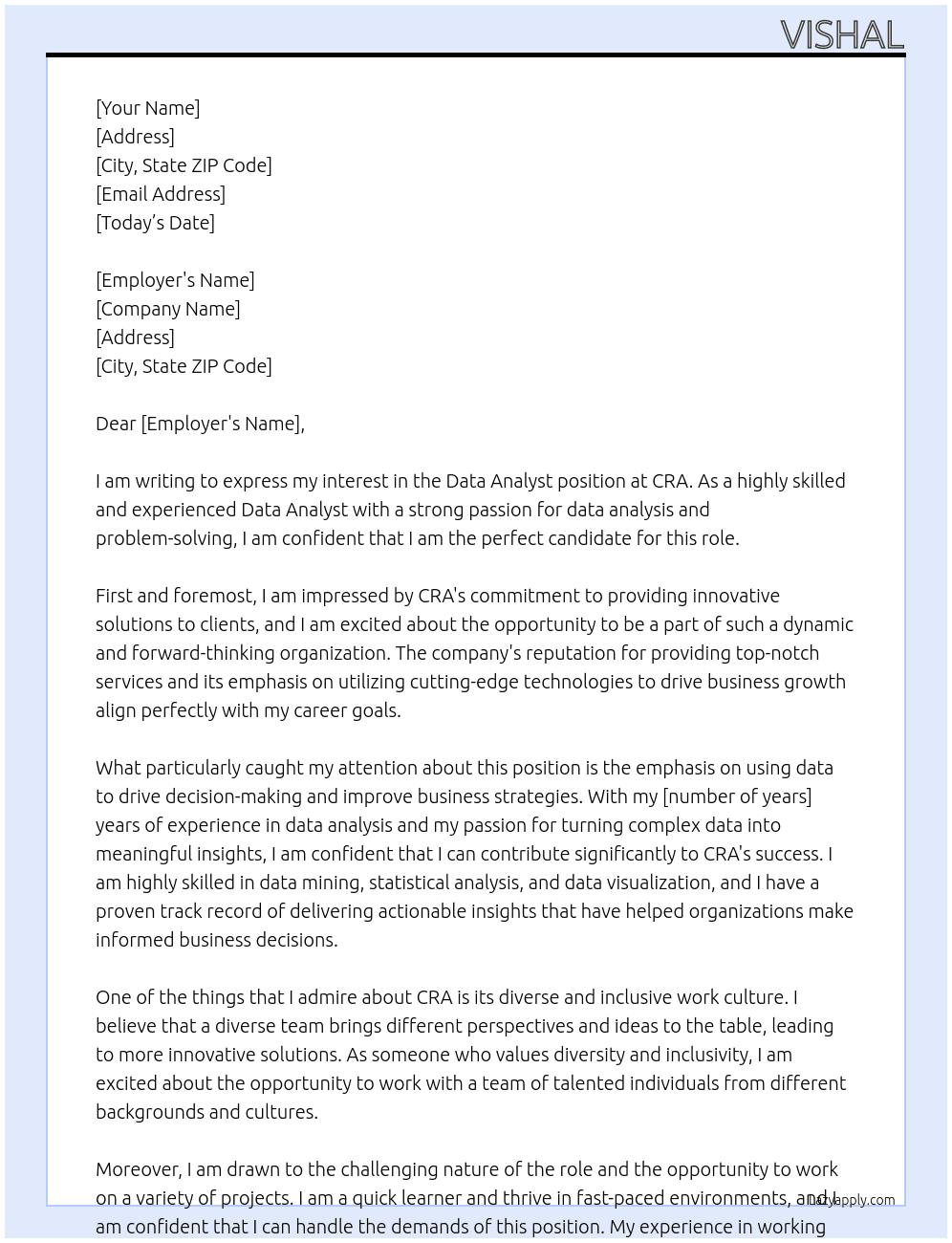 Data Analyst At CRA Cover Letter