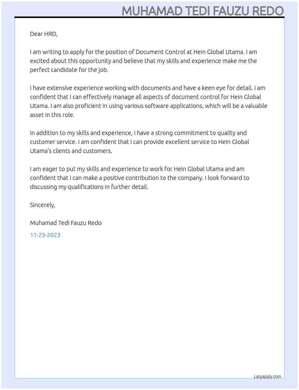 Document Control At Hein Global Utama Cover Letter