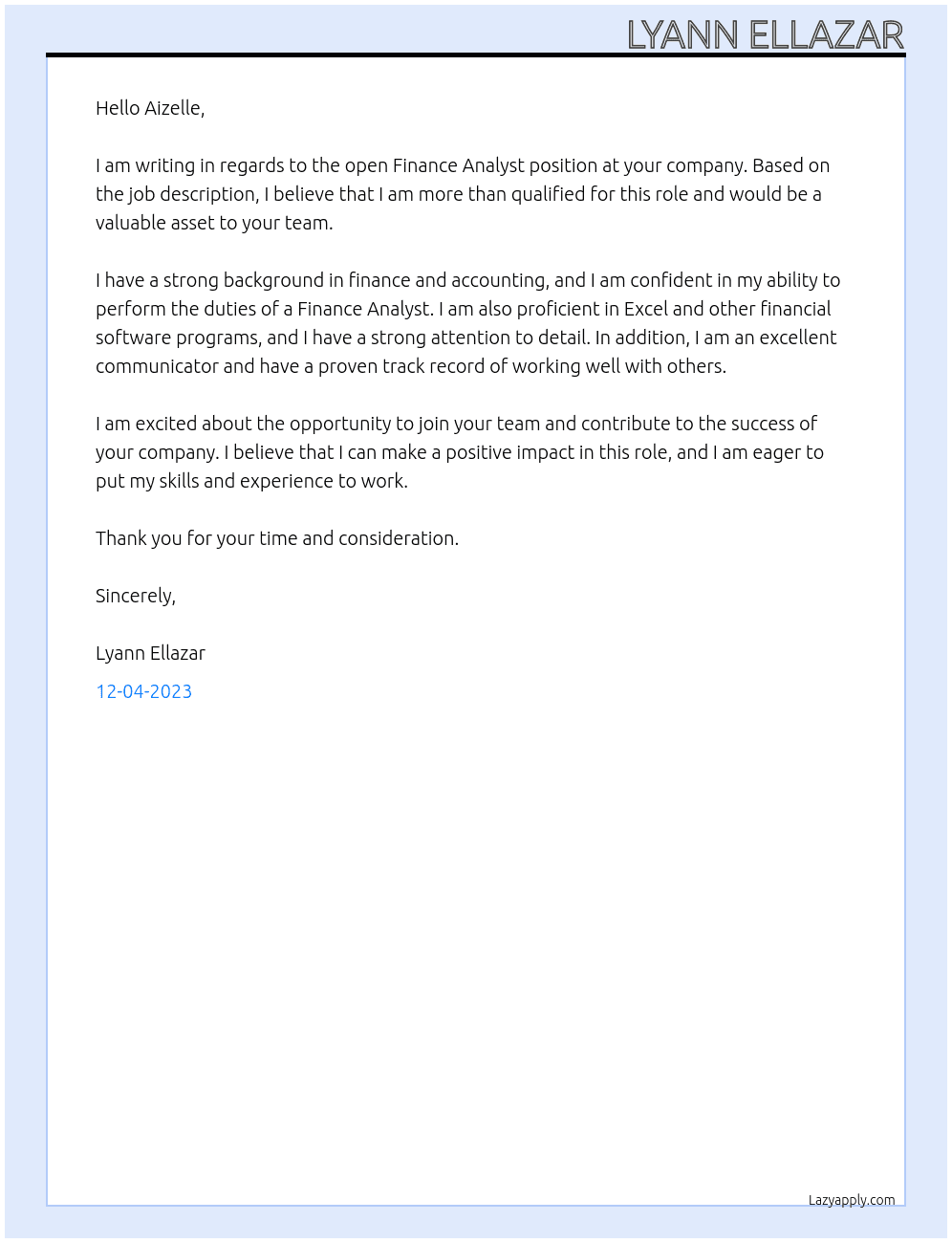 Finance Analyst At Aizelle Cover Letter