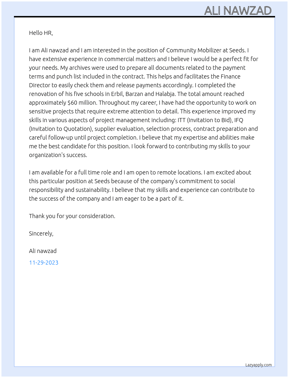 Community Mobilizer At Seeds  Cover Letter