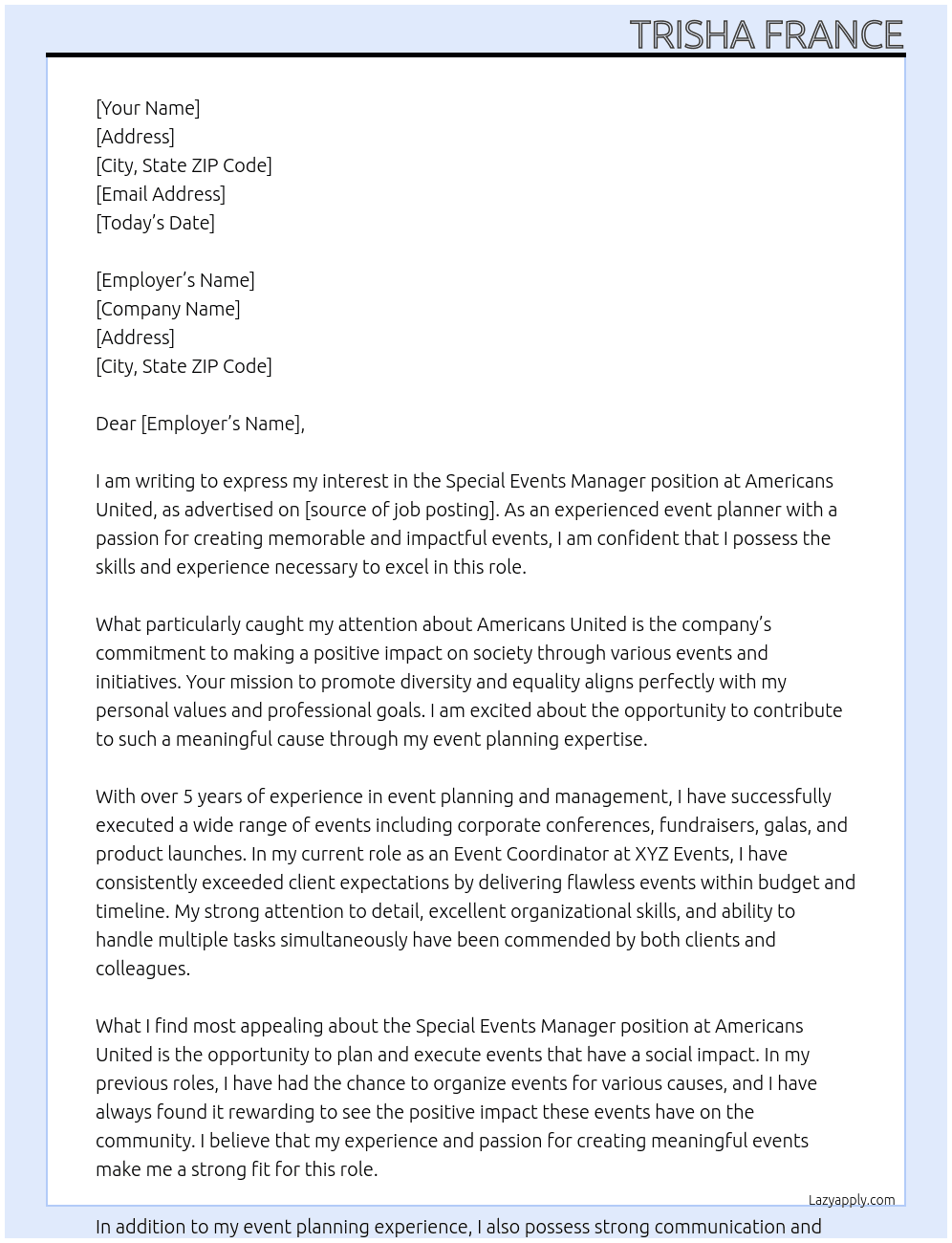 Special Events Manager At Americans United Cover Letter