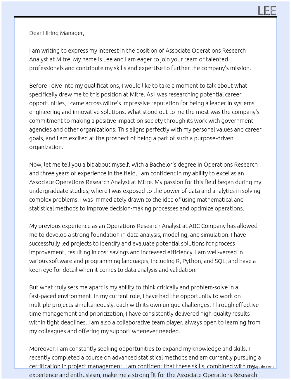  Associate Operations Research Analyst At Mitre Cover Letter