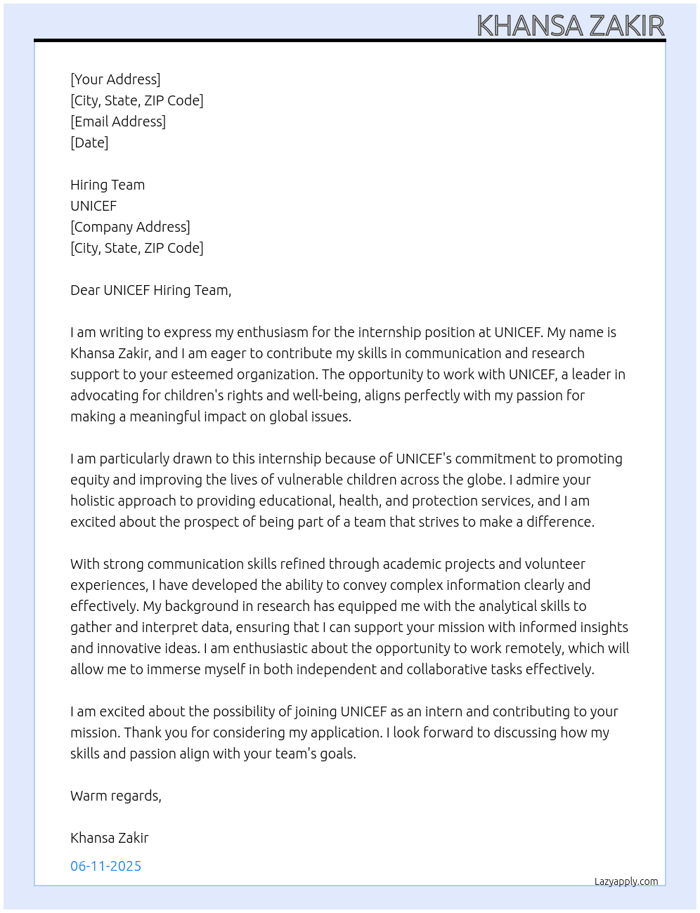 Cover letter for internship for unicef - LazyApply