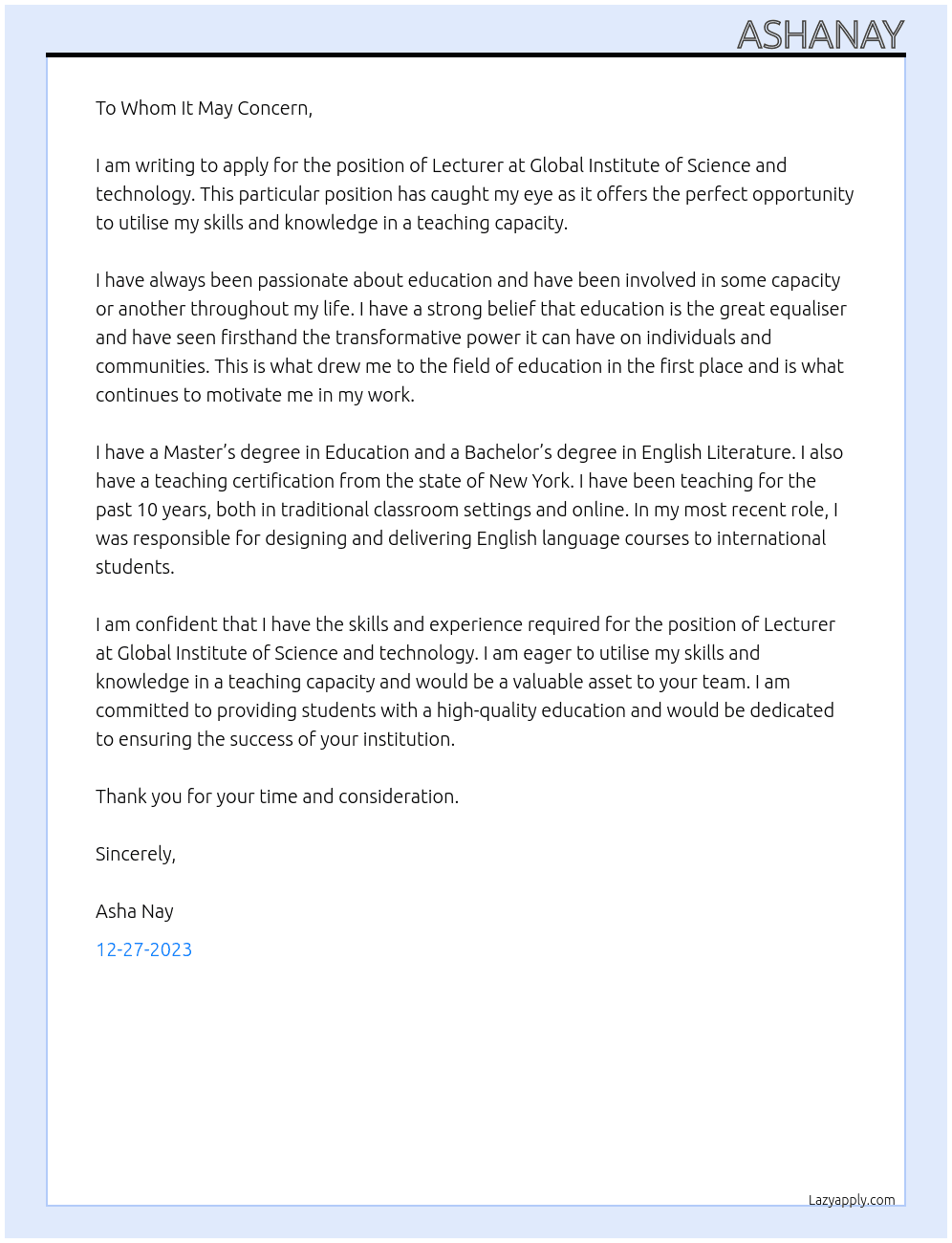 Lecturer  At Global Institute of Science and technology Cover Letter