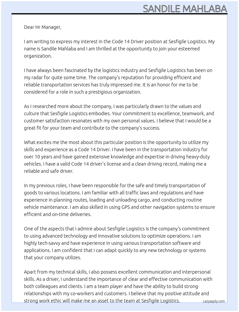 Code 14 Driver At Sesfigile Logistics Cover Letter