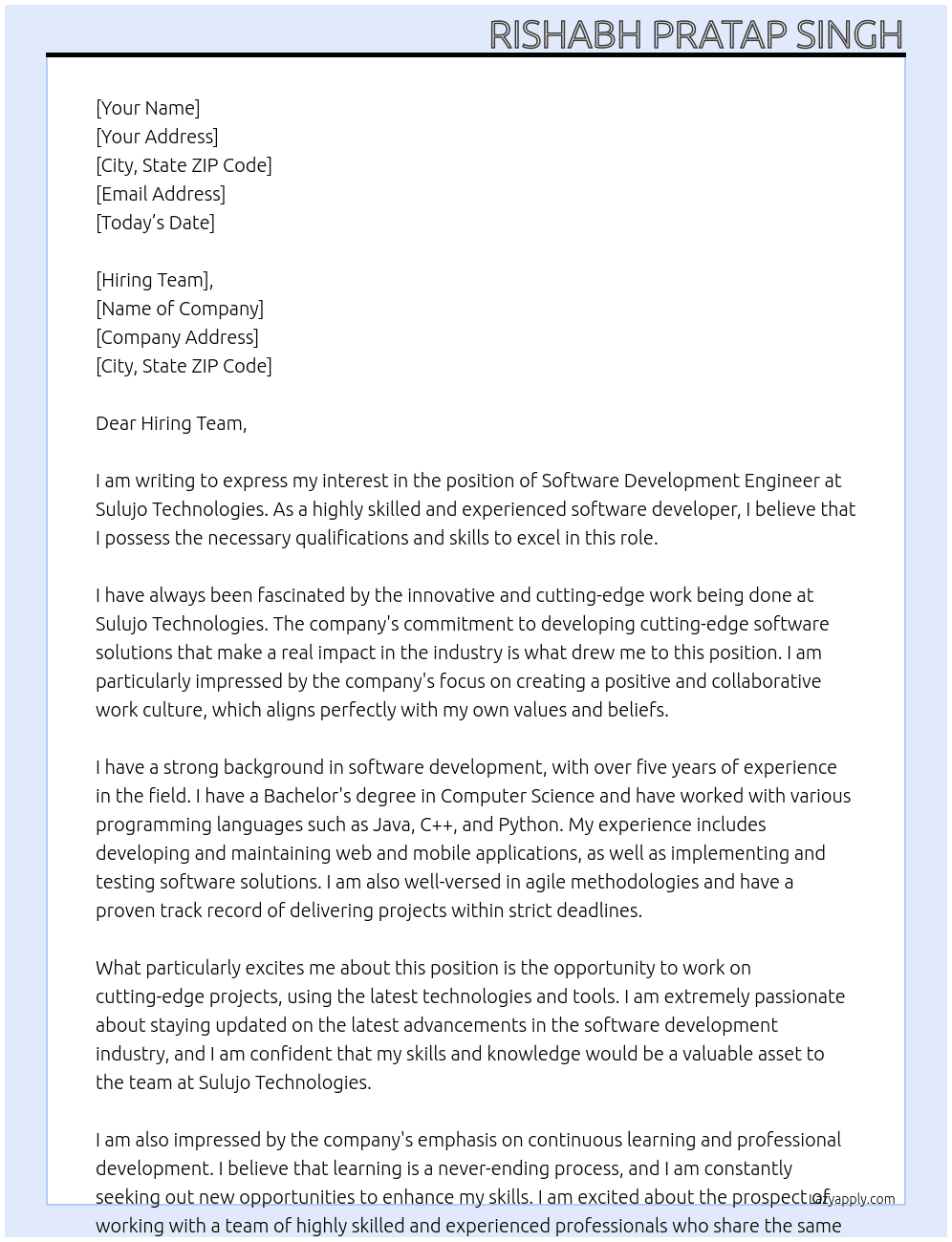 Software Development Engineer At Sulujo Technologies Cover Letter