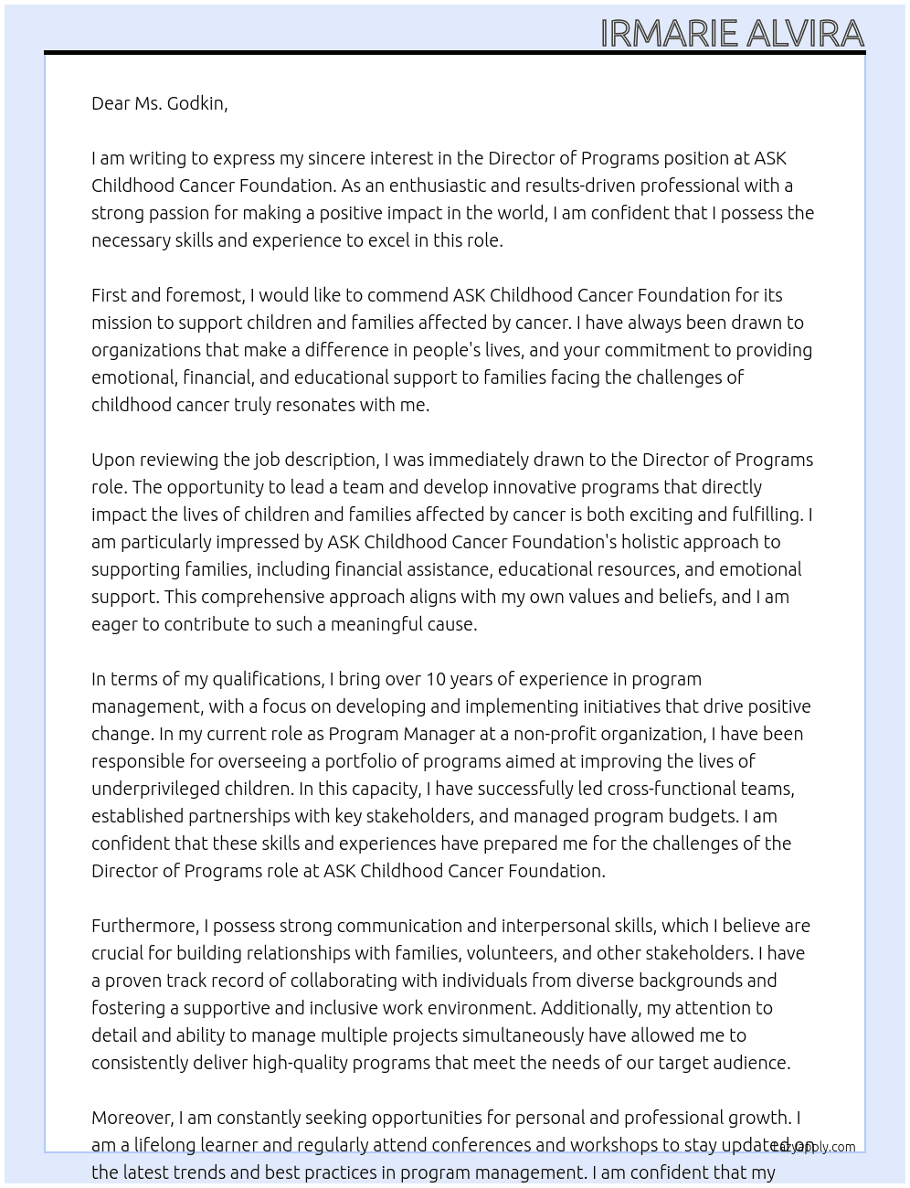 Director of Programs At ASK Childhood Cancer Foundation Cover Letter