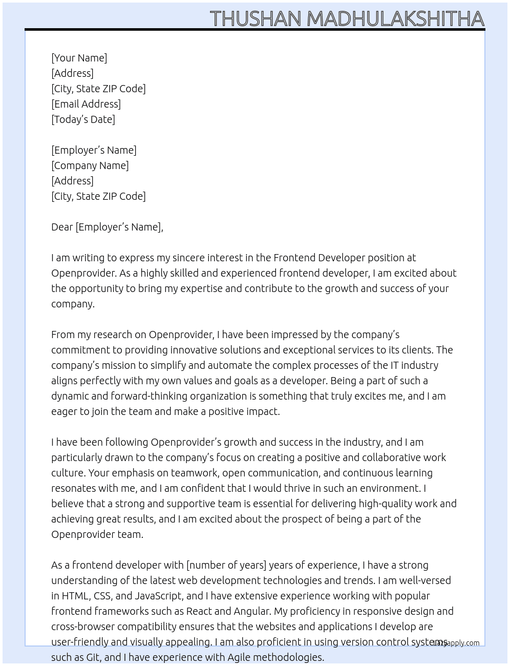 Frontend Developer At Openprovider Cover Letter