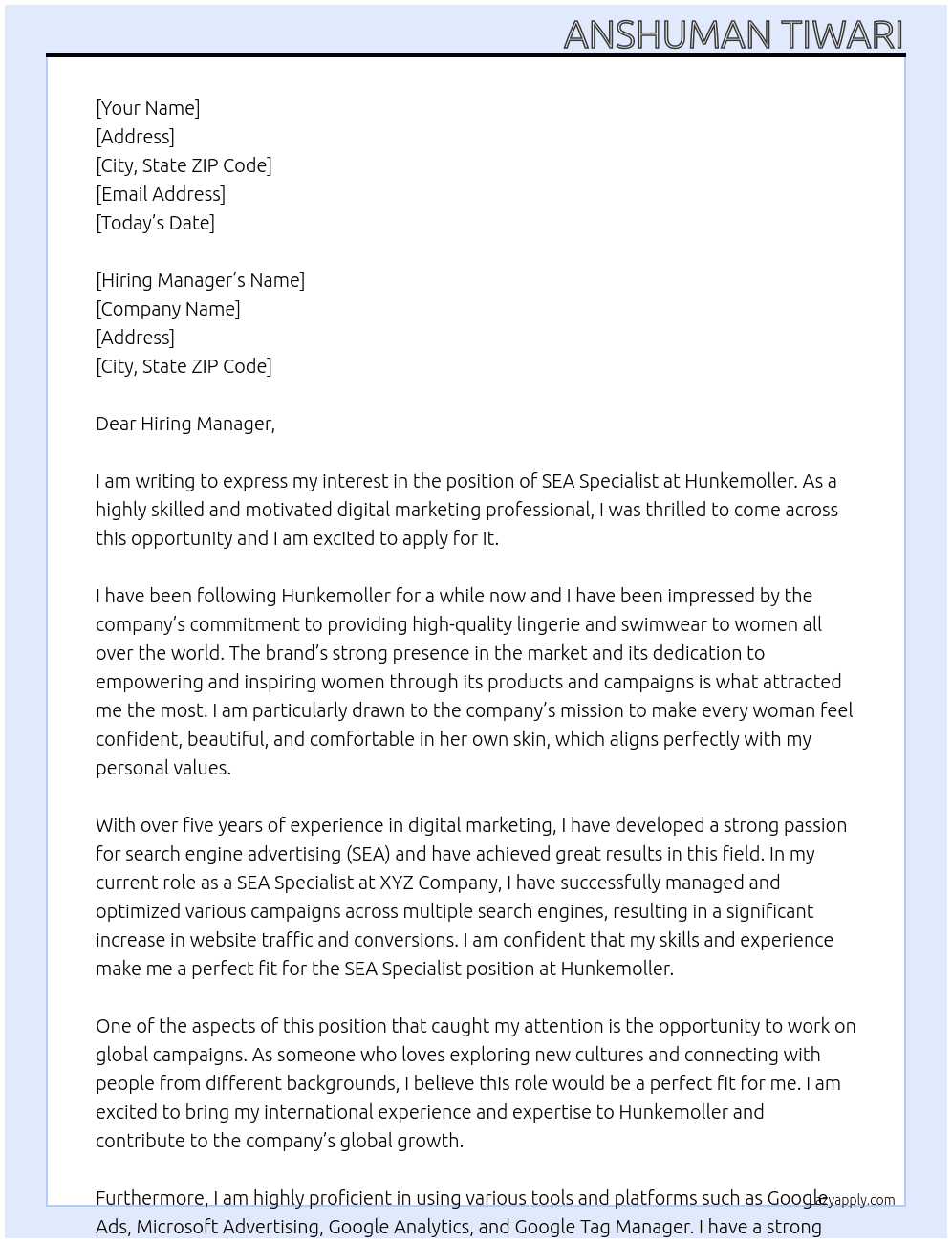 SEA Specialist At hunkemoller Cover Letter