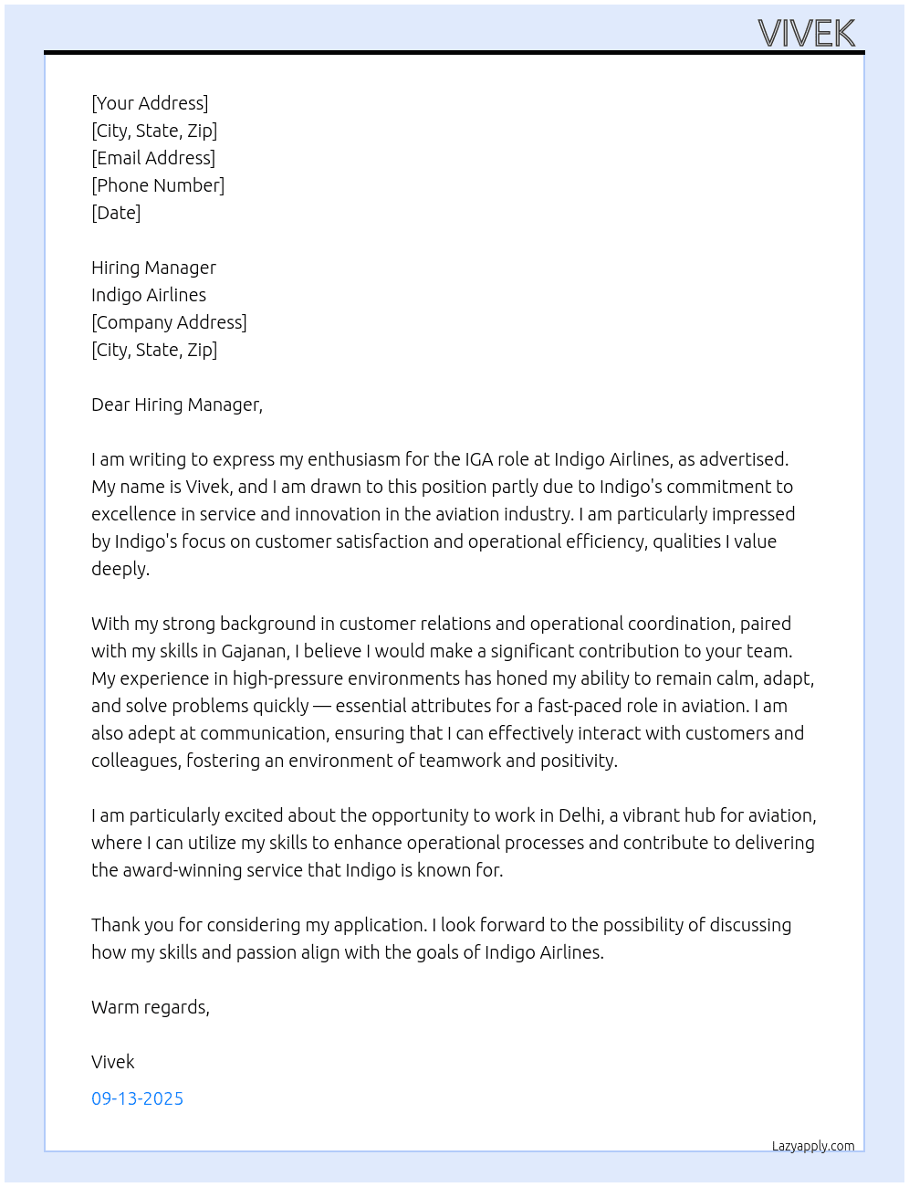 Indigo airlines  At Indigo  Cover Letter