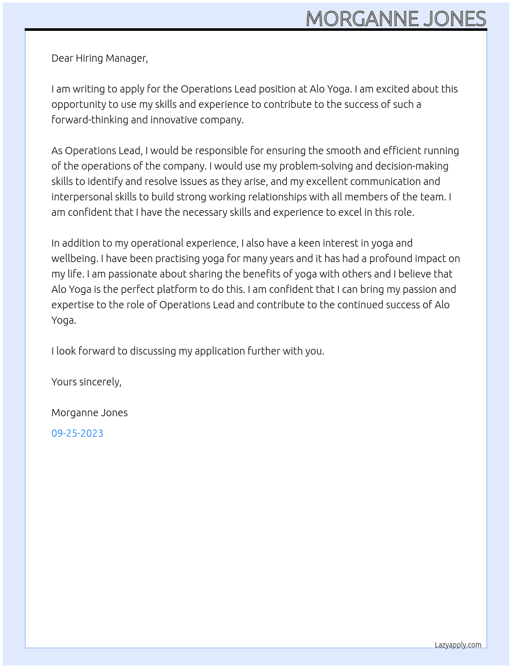 Operations Lead At Alo Yoga Cover Letter