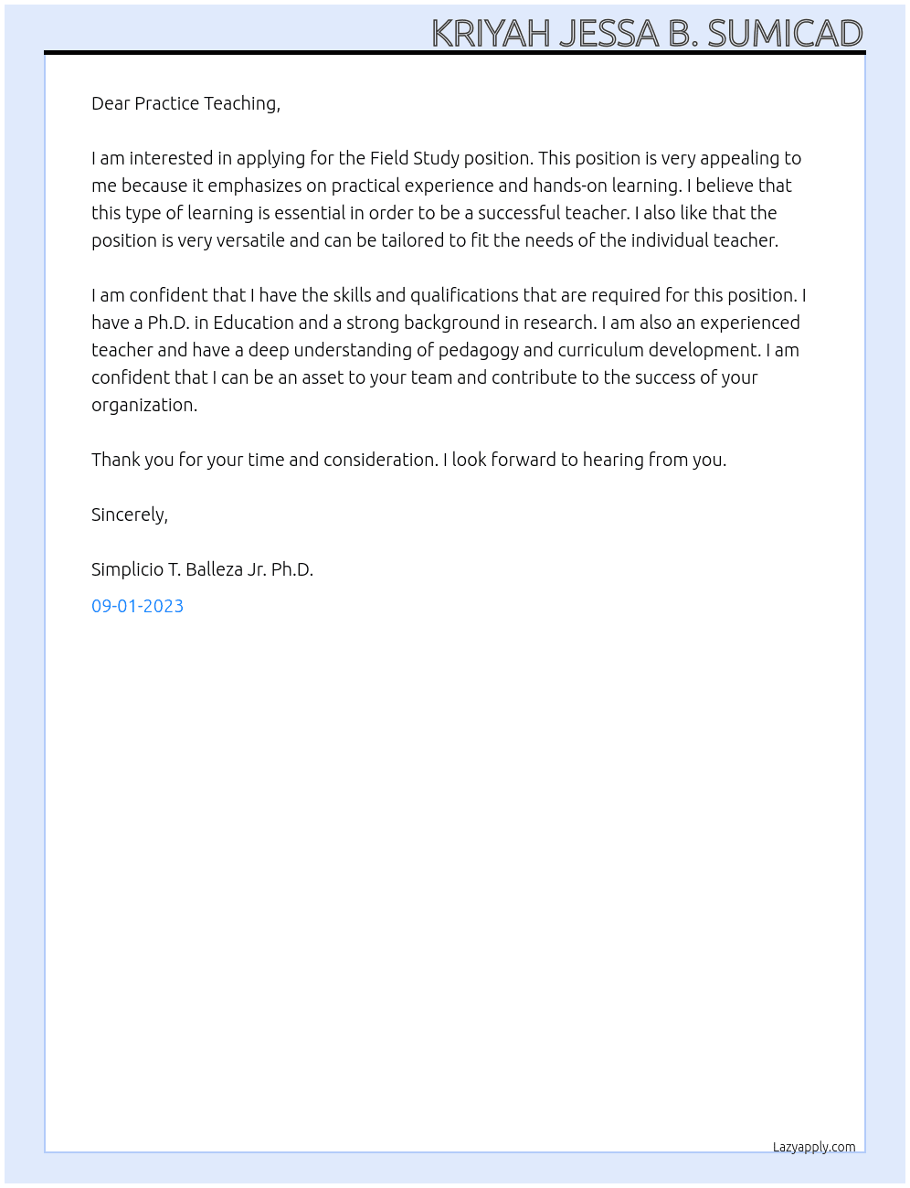 Field Study At Practice Teaching Cover Letter