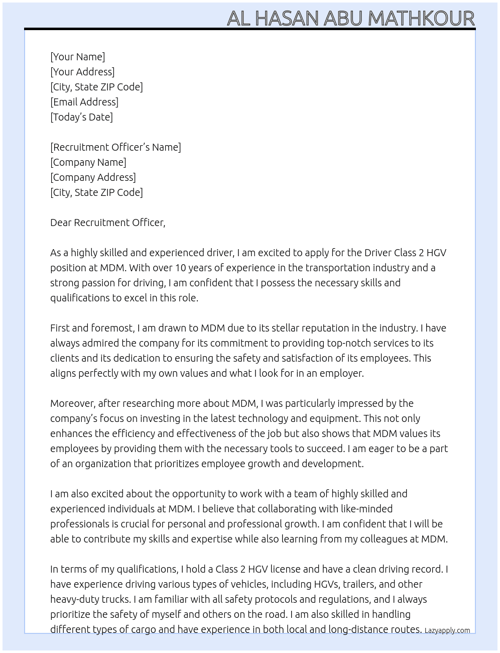 Driver Class 2 HGV At MDM Cover Letter