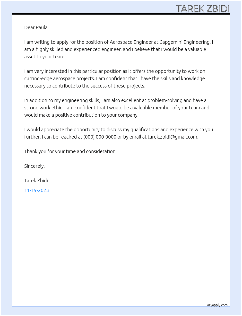 Aerospace Engineer At Capgemini Engineering Cover Letter